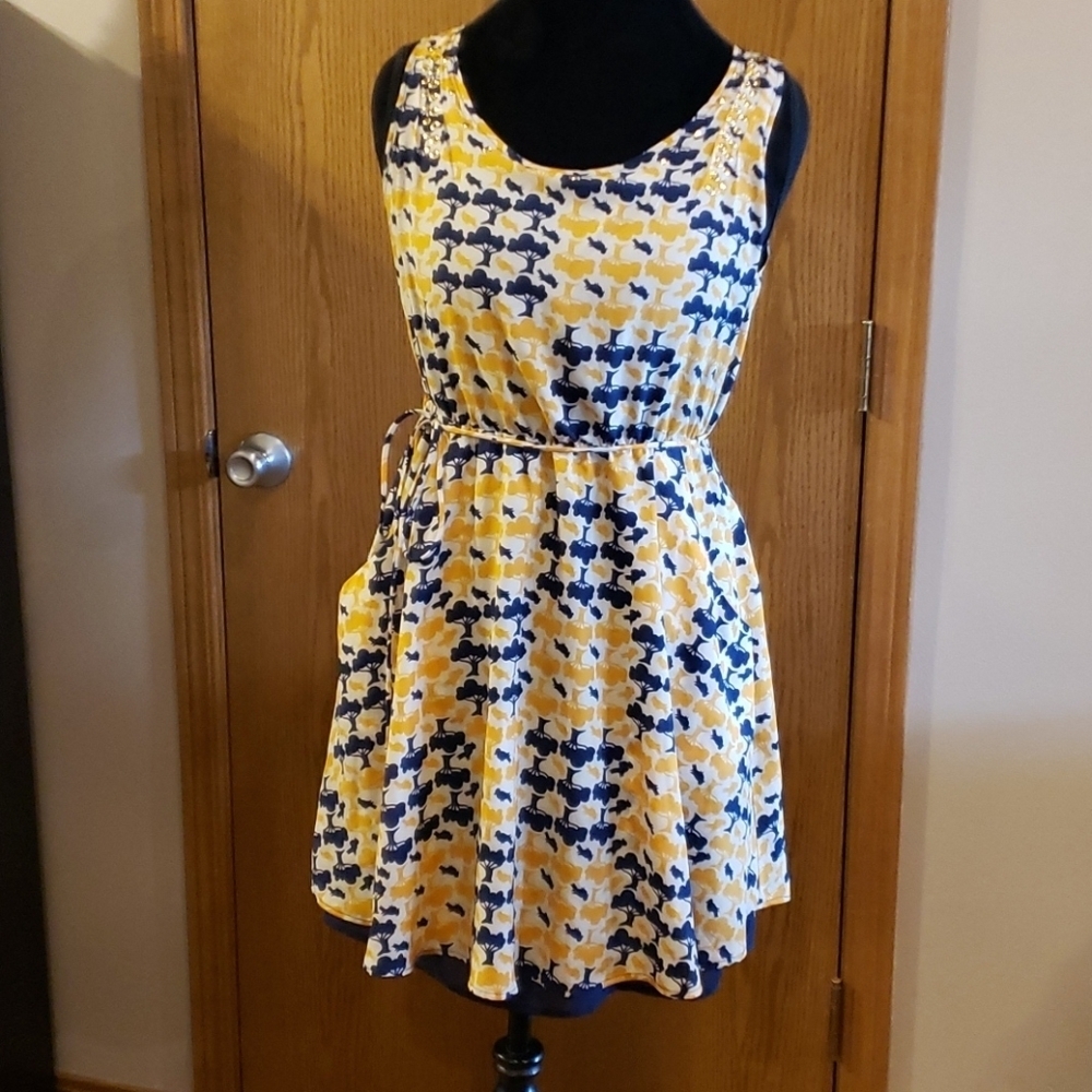 Living doll blue yellow bird dress with pockets